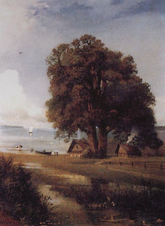 Пейзаж с хутором у озера