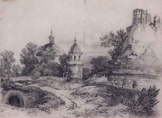 Пейзаж с церковью и руинами