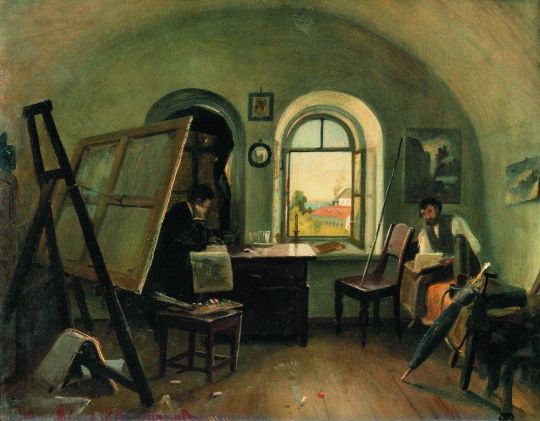 И.И.Шишкин и А.В.Гине в мастерской на острове Валааме.