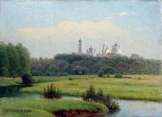 Летний пейзаж. Вид на монастырь. 1880-е Холст на картоне, масло ЧС