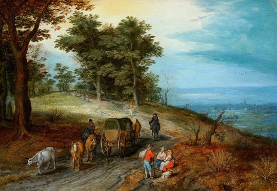 Пейзаж с каретой и крестьянами у дороги (Частная коллекция)