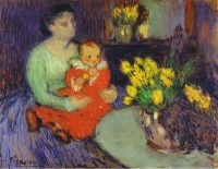 Мать и дитя перед вазой цветов