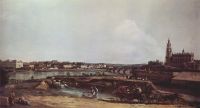 Вид Дрездена с левого берега Эльбы. Бастион Соль, мост Августа и придворная церковь (1748)
