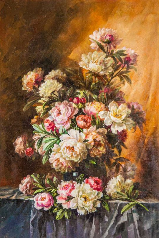 Копия картины Пауля де Лонгпре. Букет из розовых и белых пионов