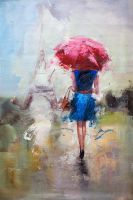 Девушка под красным зонтом на фоне Эйфелевой башни