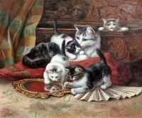 Копия картины маслом Генриетты Роннер-Книп. Котята, играющие с веером