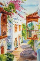Картина акварелью приморский город цветочная улочка белые дома балкон
