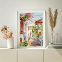 Картина приморский город цветочная улочка белые дома балкон в интерьере