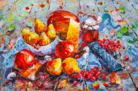 Плоды осени. Натюрморт с яблоками, грушей, рябиной и мёдом