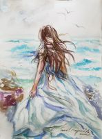 Волны, картина с морем и девушкой на бмаге
